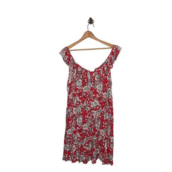 American Eagle Large L Red Floral Viscose‎ Flutter Sleeve Tie Front Mini Dress - Picture 3 of 5